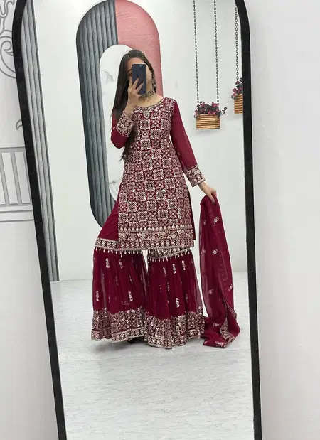 Pf 040 Faux Georgette With Heavy Embroidery Thread  & Sequence Work Top Sarara Dupatta Wholesale Online